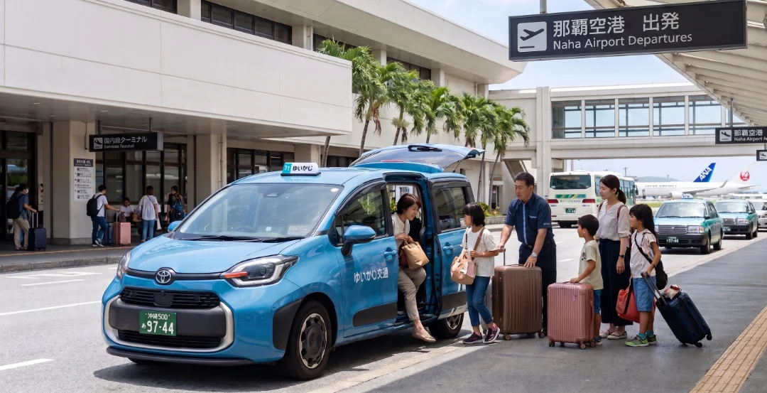那覇空港の出発ロビー前に停車したゆいかじ交通のトヨタ新型シエンタと、スーツケースを持った家族